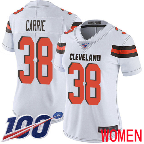 Cleveland Browns T J Carrie Women White Limited Jersey 38 NFL Football Road 100th Season Vapor Untouchable